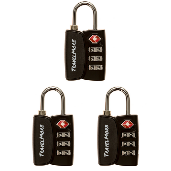 3 Pack TSA Luggage Lock With Search Alert - 3 Black Travel Locks
